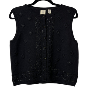Gap 100% Wool Black Sweater Vest with‎ Black Sparkly Beading Size M
